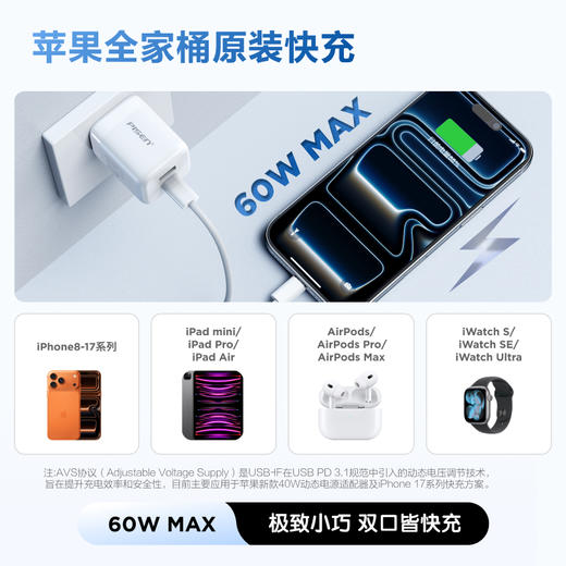 品胜 PD60W小方块氮化镓双口快速充电器套装A+C 适用苹果17promax/17plus华为小米笔记本ipad多口A+C二合一头 商品图3