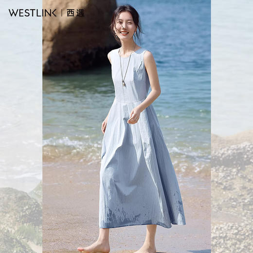 西遇海边度假风无袖连衣裙女2026年夏季新款蓝色收腰显瘦A字长裙SS060305 商品图4
