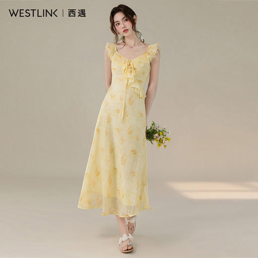 西遇碎花小飞袖连衣裙女2026夏季新款法式V领荷叶蕾丝边气质长裙SS060394 商品图3