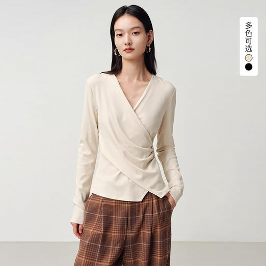 西遇不规则V领黑色针织上衣女2026早秋新款掐腰气质修身长袖小衫SS060771 商品图0