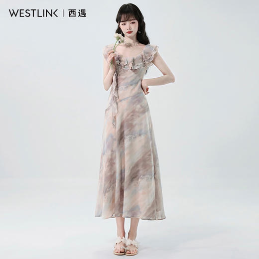 西遇法式茶歇连衣裙女2026年夏季新款荷叶领飘带晕染收腰显瘦长裙SS060337 商品图1