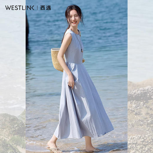 西遇海边度假风无袖连衣裙女2026年夏季新款蓝色收腰显瘦A字长裙SS060305 商品图2