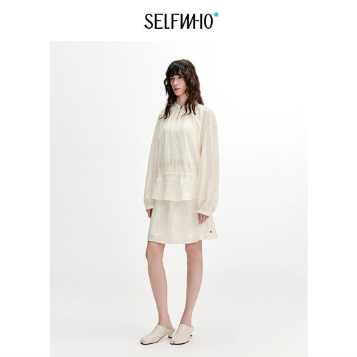 SELFWHO绵羊毛混纺缩褶立领玉石扣新中式衬衫女2026秋季新款套装 商品图2