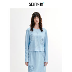 SELFWHO亚麻混纺手钩窗棂六出花针织开衫女2026秋季新款上衣套装