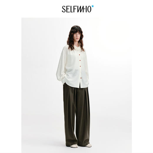 SELFWHO莫代尔混纺缩褶花边新中式衬衫女2026秋新款宽松衬衣套装 商品图2