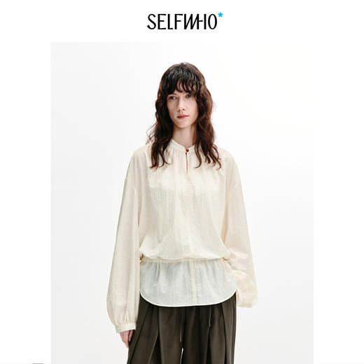 SELFWHO绵羊毛混纺缩褶立领玉石扣新中式衬衫女2026秋季新款套装 商品图0