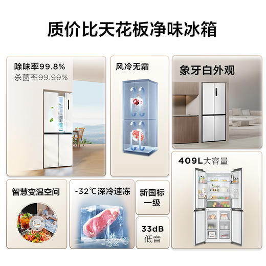 TCL 409升十字对开四开门白色冰箱变频离子杀菌除味风冷无霜新一级能效 R409V3-U 商品图1
