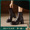 阿么手工女鞋时尚简约高跟弹力靴2026新款复古软皮显瘦短靴7.5CM 商品缩略图0