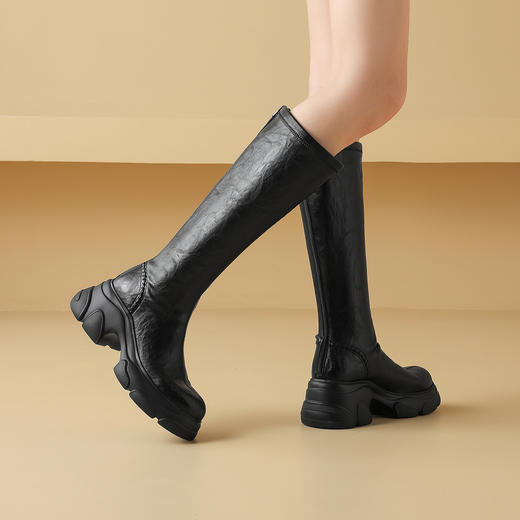 阿么手工女鞋厚底小个子长靴显瘦不过膝女2026新款复古骑士靴7CM 商品图3