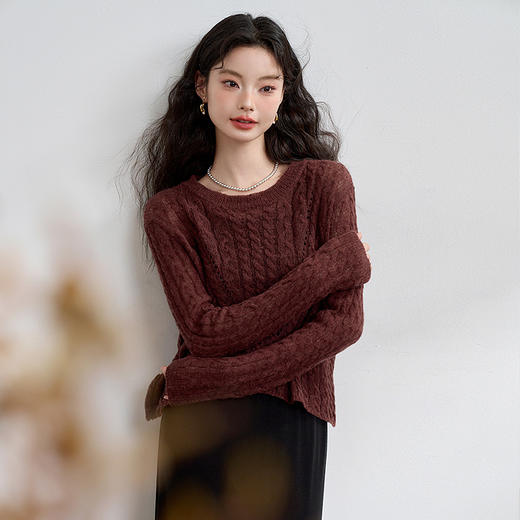 【限时秒杀】2026秋季甜美温柔慵懒感长袖圆领针织衫女轻薄短款罩衫毛衣H0060464 商品图3
