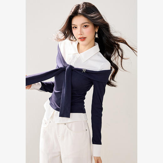 西遇藏青撞色披肩假两件衬衫女2026秋季新款修身显瘦短款长袖上衣SS060809 商品图1