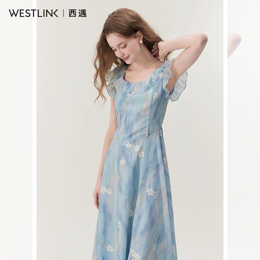 西遇蓝色网纱连衣裙女夏季新款碎花法式v领荷叶边吊带裙SS050986 商品图3