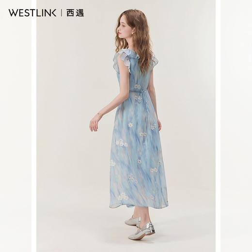 西遇蓝色网纱连衣裙女夏季新款碎花法式v领荷叶边吊带裙SS050986 商品图4