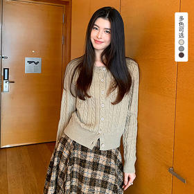 西遇圆领麻花针织开衫女2026秋季复古短款气质多色长袖毛衣外套SS060839
