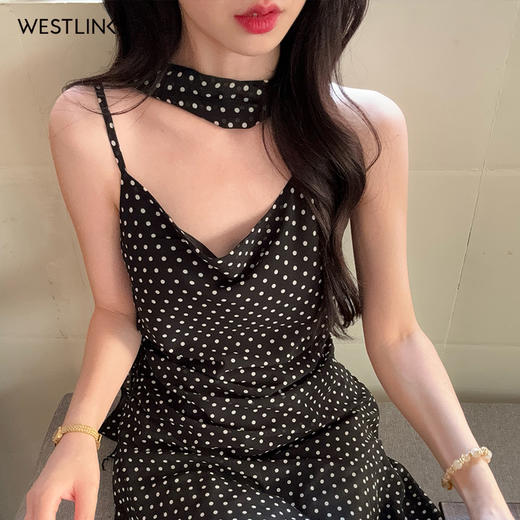 西遇黑色波点吊带裙女2026年夏季新款v领飘带收腰叠穿衬衫上衣SS060342 商品图4