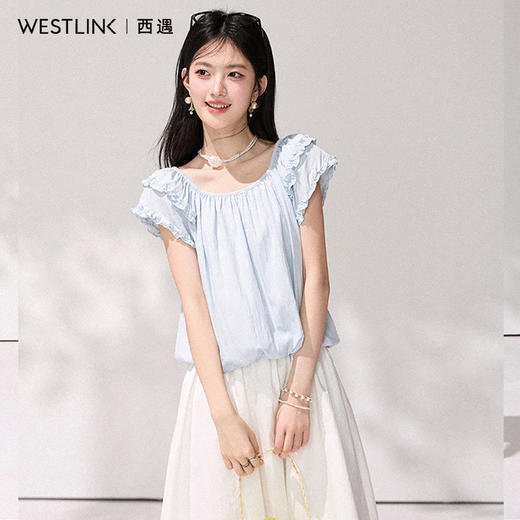 西遇浅蓝色方领荷叶边上衣女2026年夏季新款温柔风小飞袖短款衬衫SS060451 商品图2