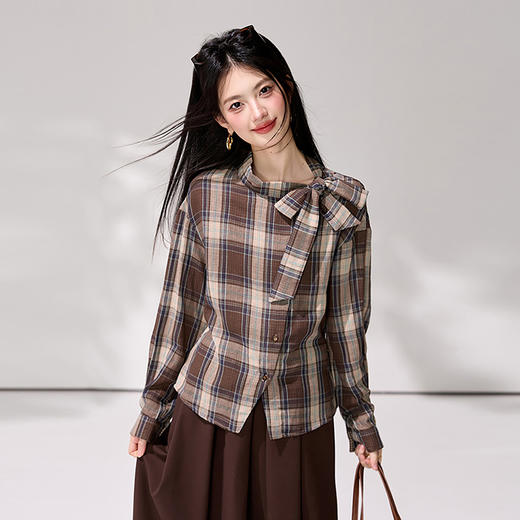 西遇美拉德风格纹衬衫2026秋季蝴蝶结立领收腰显瘦设计感长袖上衣SS060827 商品图1