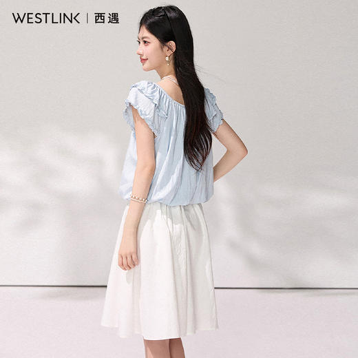 西遇浅蓝色方领荷叶边上衣女2026年夏季新款温柔风小飞袖短款衬衫SS060451 商品图4
