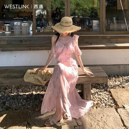 西遇粉色碎花连衣裙女2026年夏季新款不规则荷叶边法式茶歇长裙SS060364 商品图3
