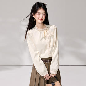 西遇蕾丝蝴蝶结衬衫女2026秋季立领泡泡袖温柔风宽松显瘦长袖上衣SS060826