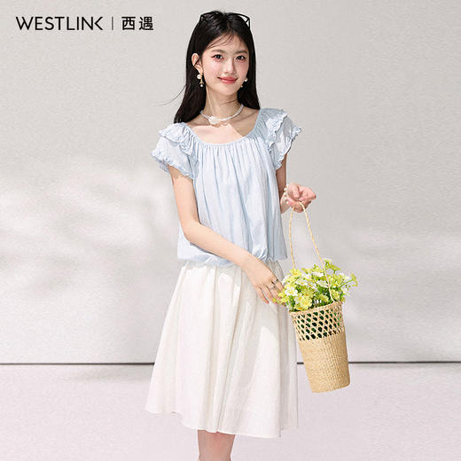 西遇浅蓝色方领荷叶边上衣女2026年夏季新款温柔风小飞袖短款衬衫SS060451 商品图3