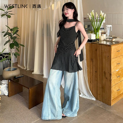 西遇黑色波点吊带裙女2026年夏季新款v领飘带收腰叠穿衬衫上衣SS060342 商品图2