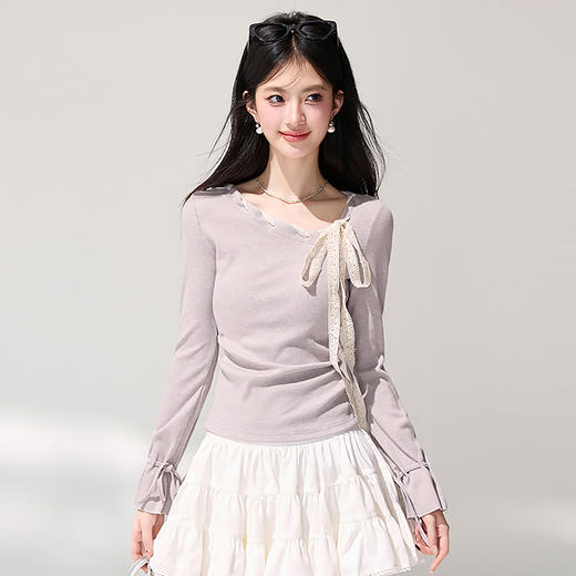 西遇温柔风喇叭袖T恤女2026秋季系带收褶修身显瘦甜妹氛围感上衣SS060818 商品图0