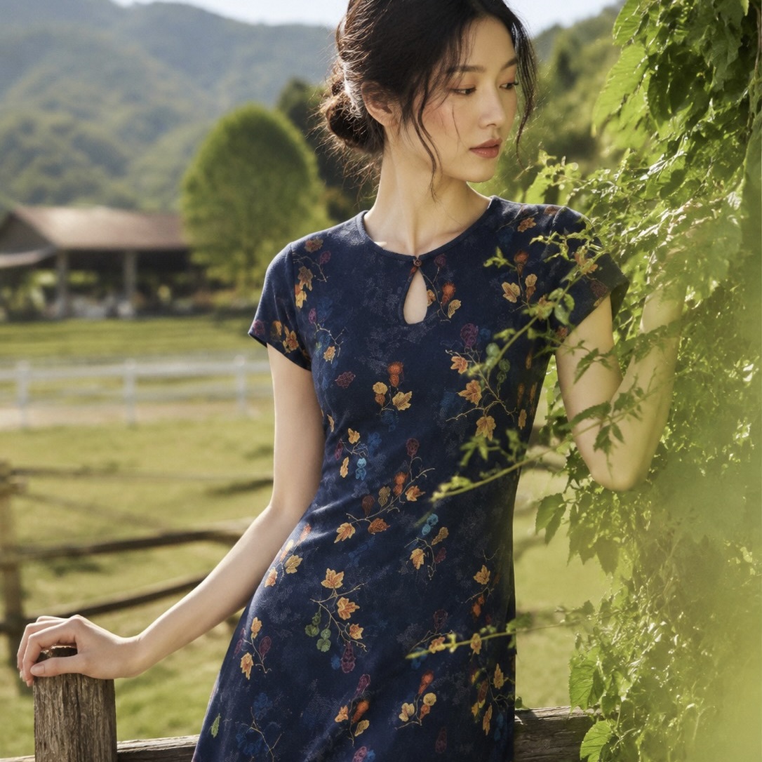 YIROUJIA水滴领棉绸短袖连衣裙 软糯亲肤垂顺好穿 复古碎花设计松弛随性百搭