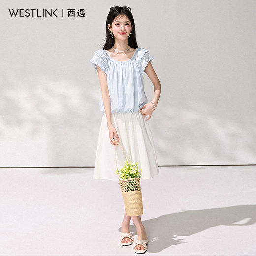 西遇浅蓝色方领荷叶边上衣女2026年夏季新款温柔风小飞袖短款衬衫SS060451 商品图1