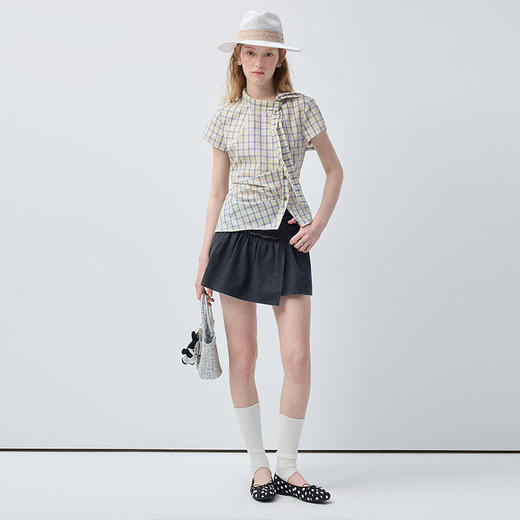 西遇法式格纹衬衫女2026夏季系带斜扣设计感修身显瘦短袖上衣SS060821 商品图3