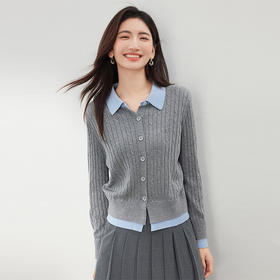 西遇撞色Polo领假两件针织衫女2026秋季新款竖条纹温柔风长袖毛衣SS060842