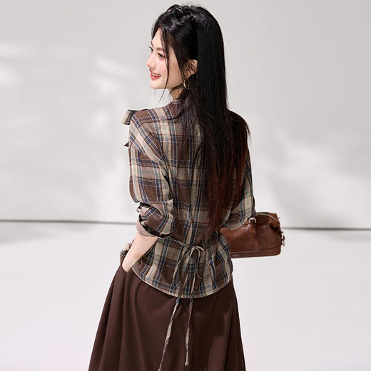 西遇美拉德风格纹衬衫2026秋季蝴蝶结立领收腰显瘦设计感长袖上衣SS060827 商品图4