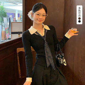 西遇学院风领带假两件针织衫女2026秋季撞色翻领显瘦长袖毛衣上衣SS060843
