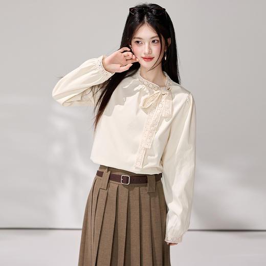 西遇蕾丝蝴蝶结衬衫女2026秋季立领泡泡袖温柔风宽松显瘦长袖上衣SS060826 商品图4