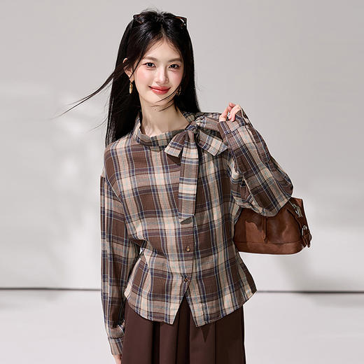 西遇美拉德风格纹衬衫2026秋季蝴蝶结立领收腰显瘦设计感长袖上衣SS060827 商品图2