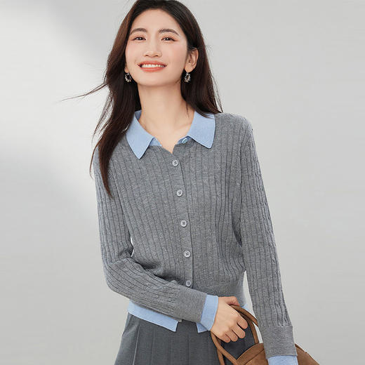 西遇撞色Polo领假两件针织衫女2026秋季新款竖条纹温柔风长袖毛衣SS060842 商品图1