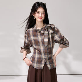西遇美拉德风格纹衬衫2026秋季蝴蝶结立领收腰显瘦设计感长袖上衣SS060827