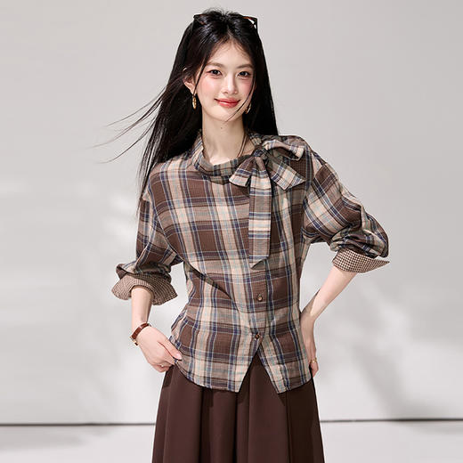 西遇美拉德风格纹衬衫2026秋季蝴蝶结立领收腰显瘦设计感长袖上衣SS060827 商品图0