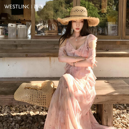 西遇粉色碎花连衣裙女2026年夏季新款不规则荷叶边法式茶歇长裙SS060364 商品图2