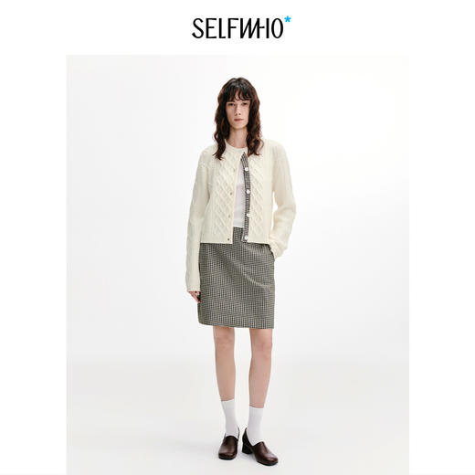 SELFWHO纯棉复古格纹长袖衬衫女2026秋季新款宽松插肩袖领带衬衣 商品图2