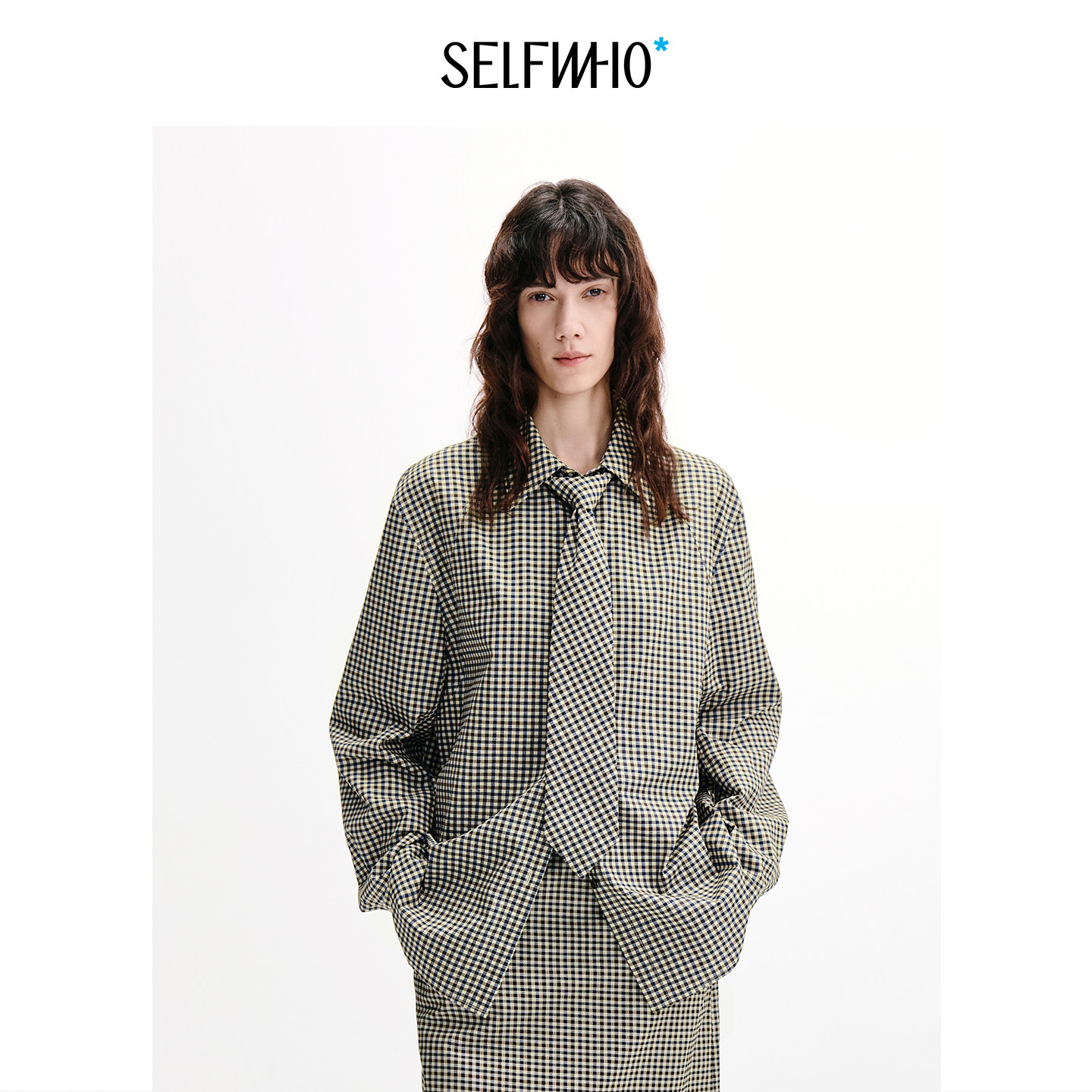 SELFWHO纯棉复古格纹长袖衬衫女2026秋季新款宽松插肩袖领带衬衣
