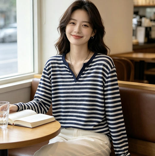 【天丝V领条纹长袖】宽松透气 V领设计时尚简约 松弛氛围感 商品图1
