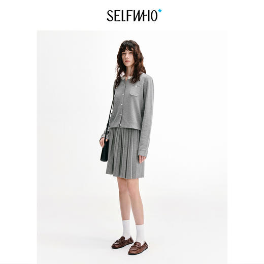 SELFWHO亚麻混纺经典撞色圆领针织开衫女2026秋新款正肩长袖上衣 商品图2