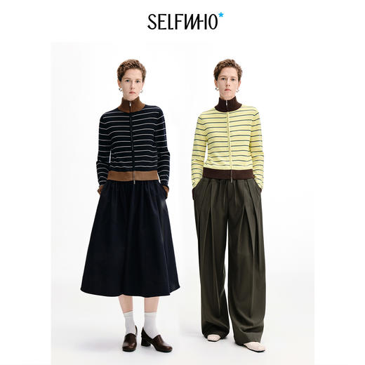 [陈都灵同款]SELFWHO100%绵羊毛高领针织衫女秋新款撞色条纹毛衣 商品图1