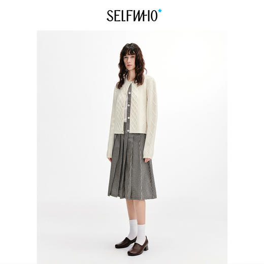 SELFWHO高支绵羊毛混纺格纹拼接绞花针织开衫女2026秋季新款毛衣 商品图2