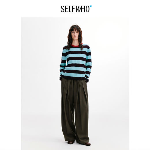 SELFWHO可机洗绵羊毛撞色条纹毛织长袖T恤女2026秋季新款圆领上衣 商品图3