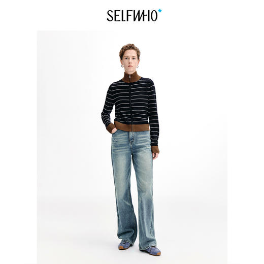 [陈都灵同款]SELFWHO100%绵羊毛高领针织衫女秋新款撞色条纹毛衣 商品图2