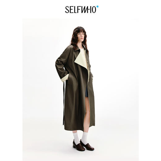 SELFWHO棉混纺复古撞色翻领风衣女2026秋季新款防风宽松长款外套 商品图1