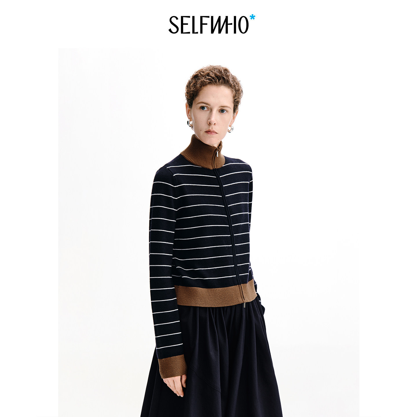 [陈都灵同款]SELFWHO100%绵羊毛高领针织衫女秋新款撞色条纹毛衣