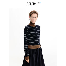 [陈都灵同款]SELFWHO100%绵羊毛高领针织衫女秋新款撞色条纹毛衣